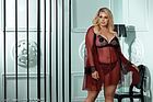 Romantic robe, sheer mesh, deep neckline, lace inlays, flared sleeves, plus size